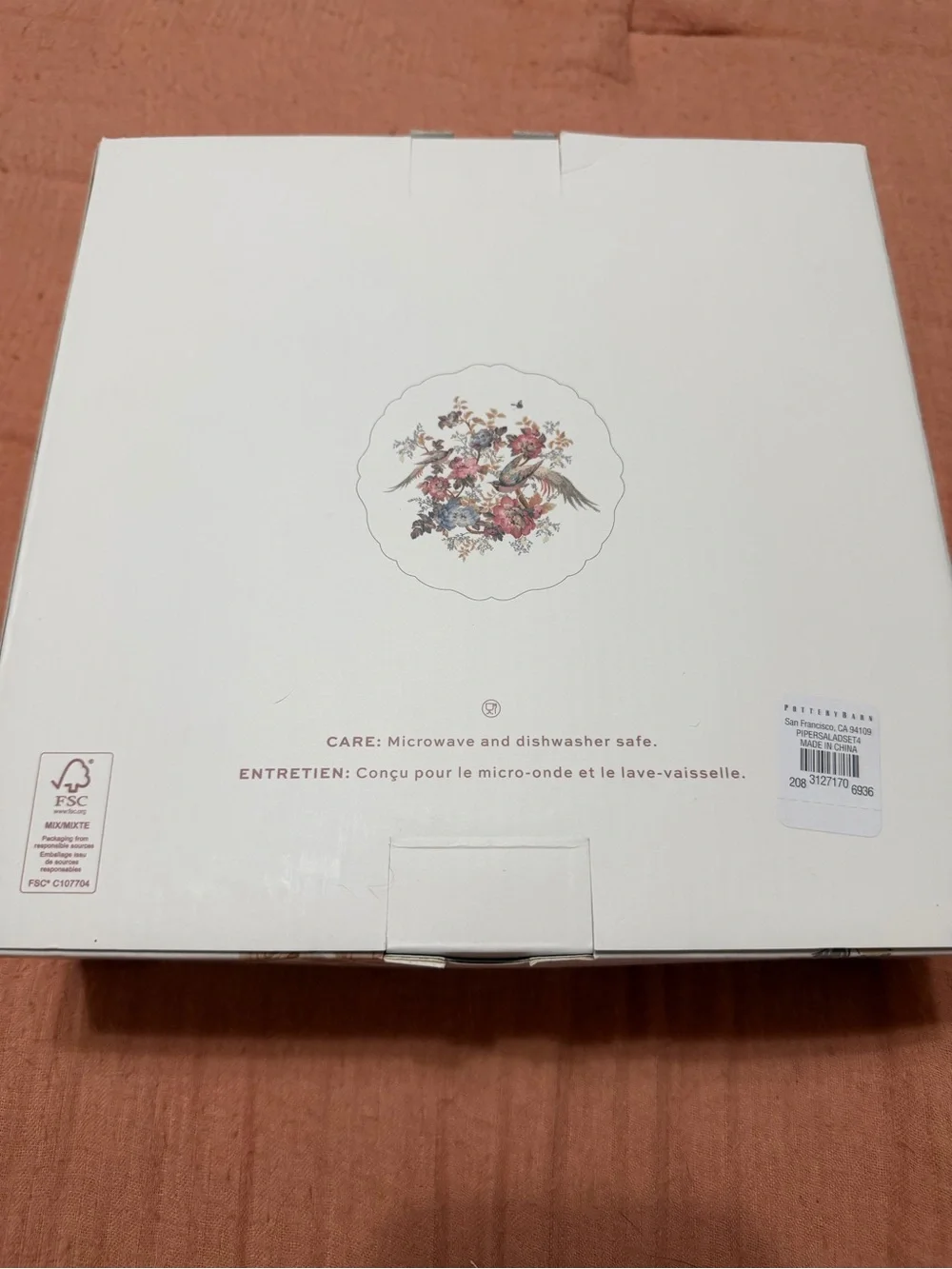 NIB Pottery Barn Piper Floral Stoneware Salad Plates Set of 4 Bird Botanical New